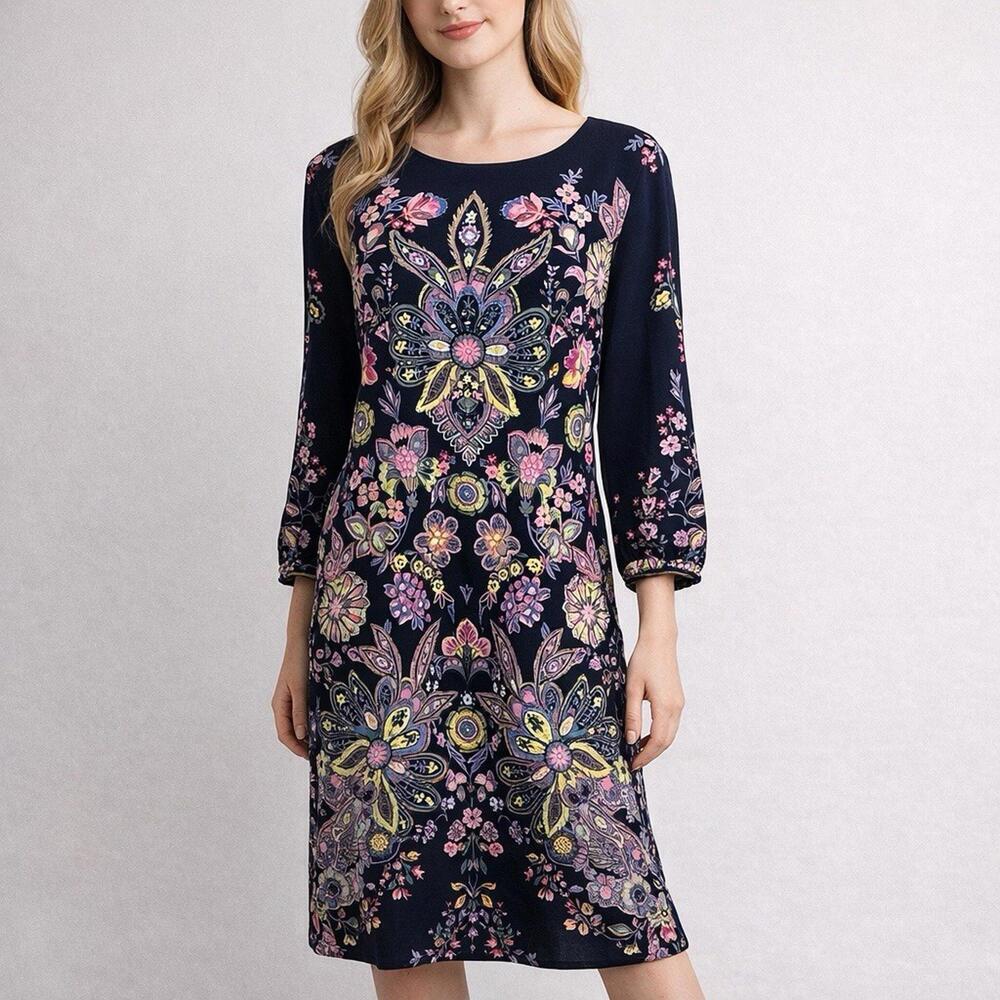 LOFT Floral Boho Midi Dress M Navy Pink Paisley Shift Dress Cottagecore Romantic